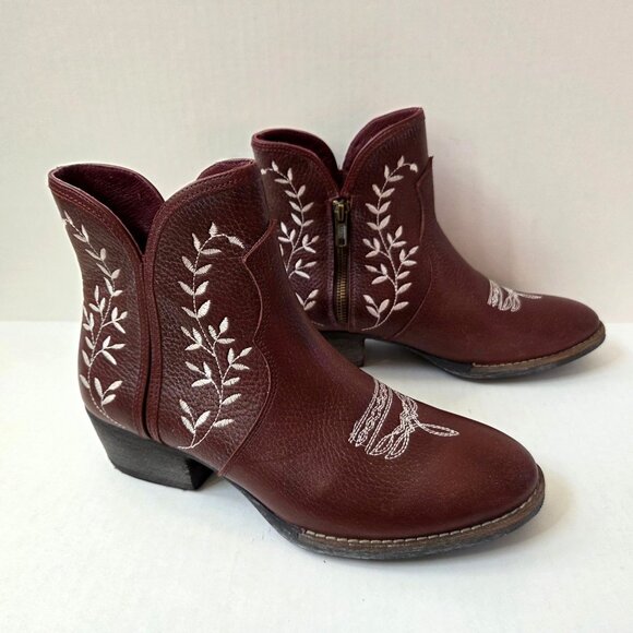 Sterling River Boots Womens 9 Burgundy Leather Embroidered Ankle Booties Western - Picture 7 of 11